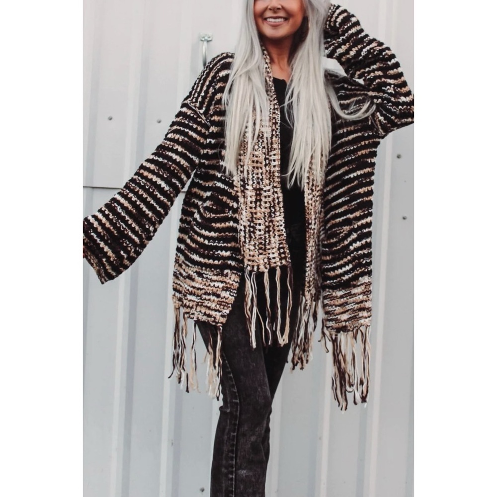 POL Beige Tan Cream Shawl Collar Cardigan with Fringe | Oversized Boho Knit - Picture 7 of 10